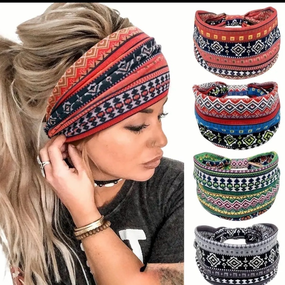NWOT 4 Piece Set Bohemian Fashion Pattern Headbands Anti Slip Knotting